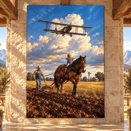 Horse-Drawn Plow & Vintage Biplane Wrapped Canvas Wall Art – Farm Heritage Aviation Print - ART OF ROYALS
