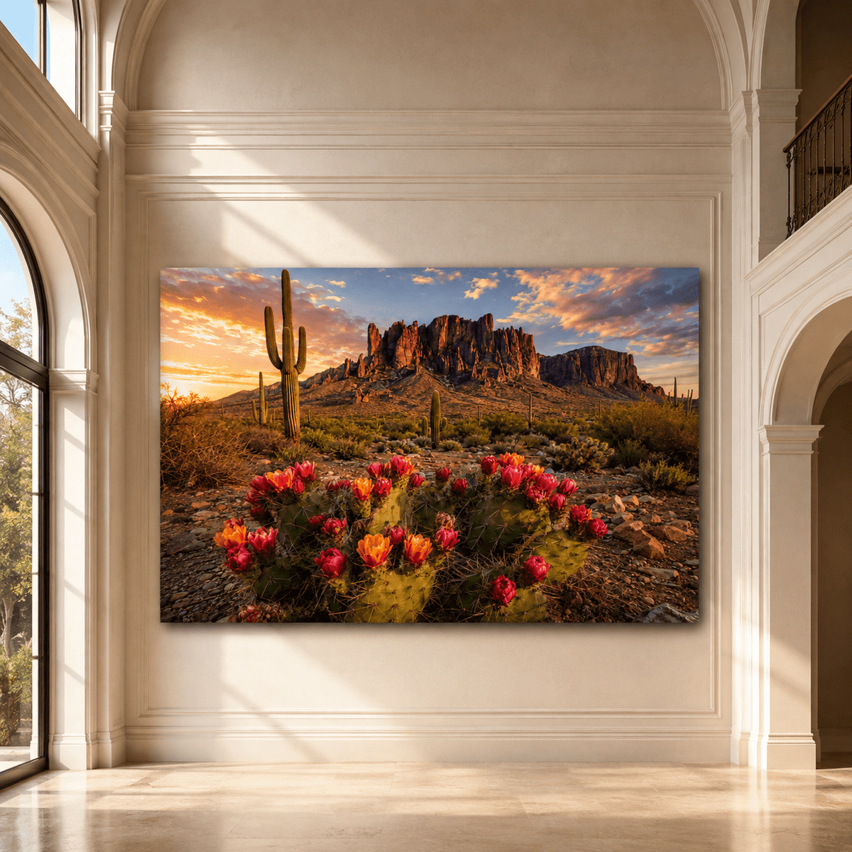 Blooming Desert Cactus at Sunset Wrapped Canvas Wall Art – Southwestern Landscape Print - ART OF ROYALS