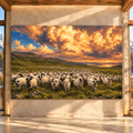 Sheep Herd Under Golden Sunset Clouds Wrapped Canvas Wall Art – Rustic Farm & Countryside Landscape