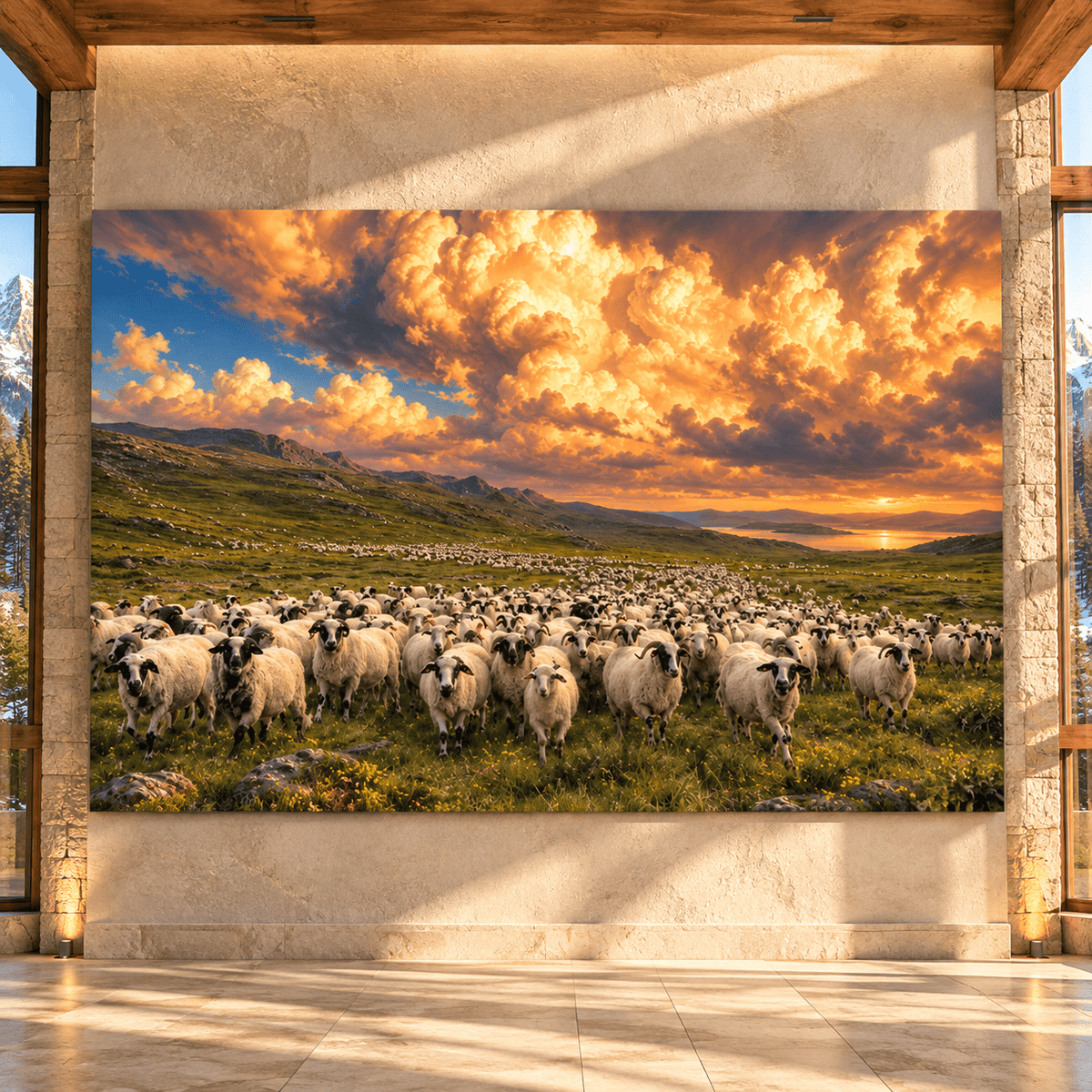 Sheep Herd Under Golden Sunset Clouds Wrapped Canvas Wall Art – Rustic Farm & Countryside Landscape - ART OF ROYALS
