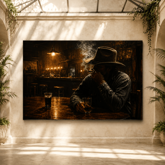 Lonely Cowboy in Old Western Saloon Wrapped Canvas Wall Art – Moody Ranch Bar Cowboy Print - ART OF ROYALS
