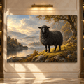 Black Sheep by Mountain Lake Wrapped Canvas Wall Art – Moody Pastoral Countryside Landscape