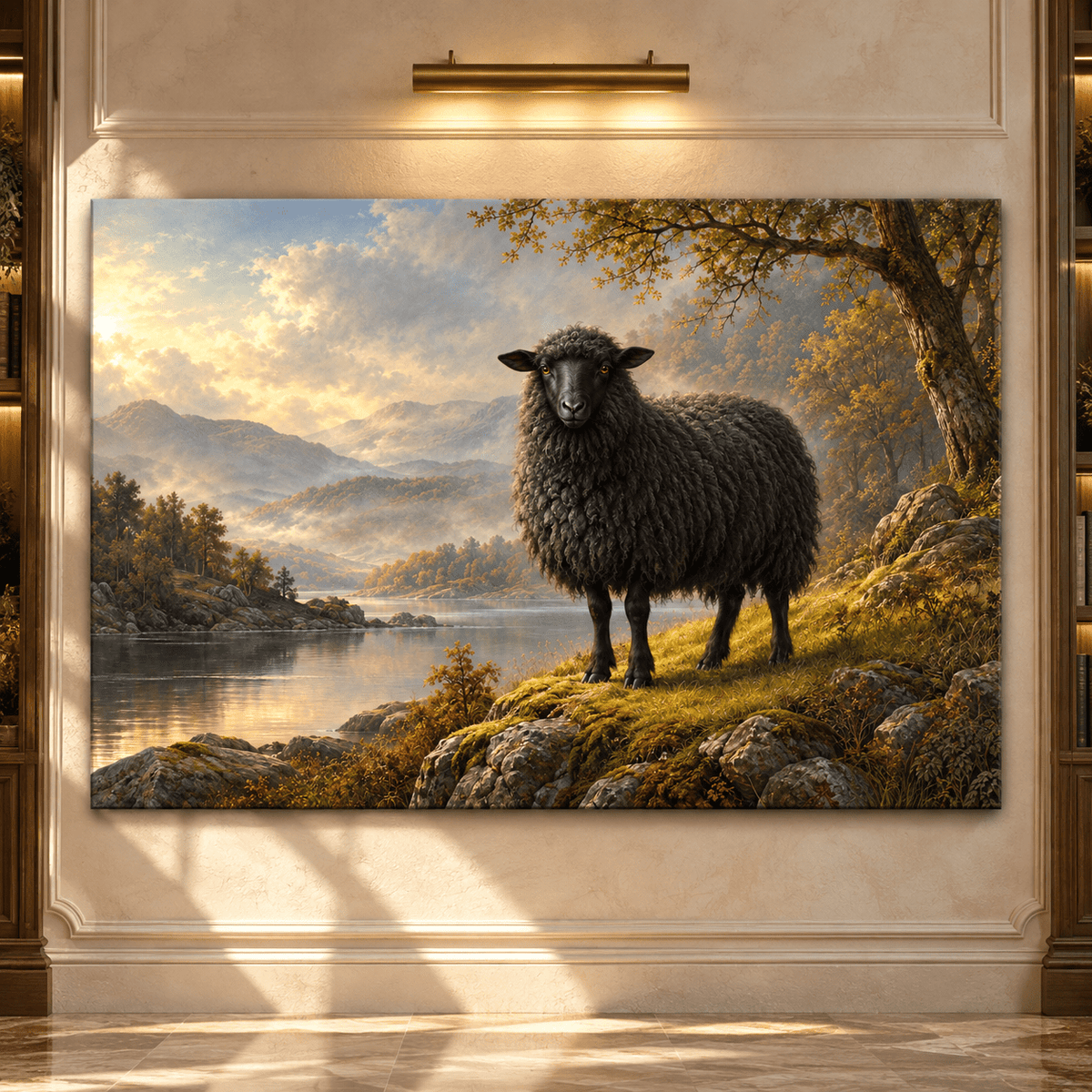 Black Sheep by Mountain Lake Wrapped Canvas Wall Art – Moody Pastoral Countryside Landscape