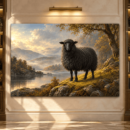 Black Sheep by Mountain Lake Wrapped Canvas Wall Art – Moody Pastoral Countryside Landscape