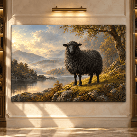 Black Sheep by Mountain Lake Wrapped Canvas Wall Art – Moody Pastoral Countryside Landscape - ART OF ROYALS