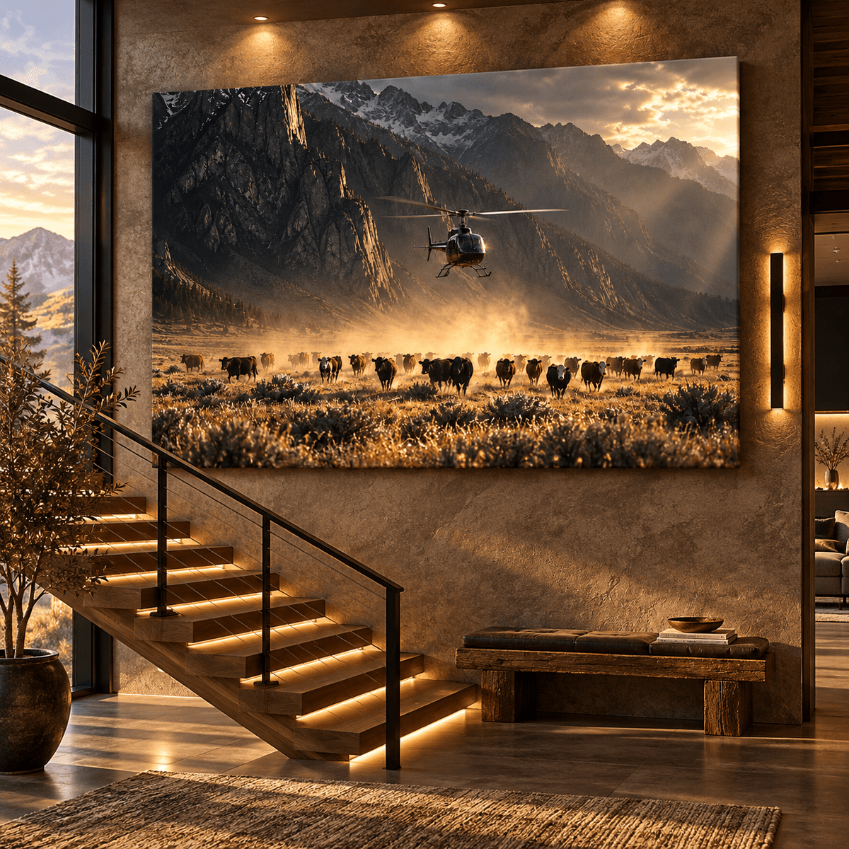Helicopter Herding Cattle in Mountain Valley Wrapped Canvas Wall Art – Western Ranch Aviation Print - ART OF ROYALS