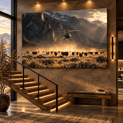 Helicopter Herding Cattle in Mountain Valley Wrapped Canvas Wall Art – Western Ranch Aviation Print - ART OF ROYALS