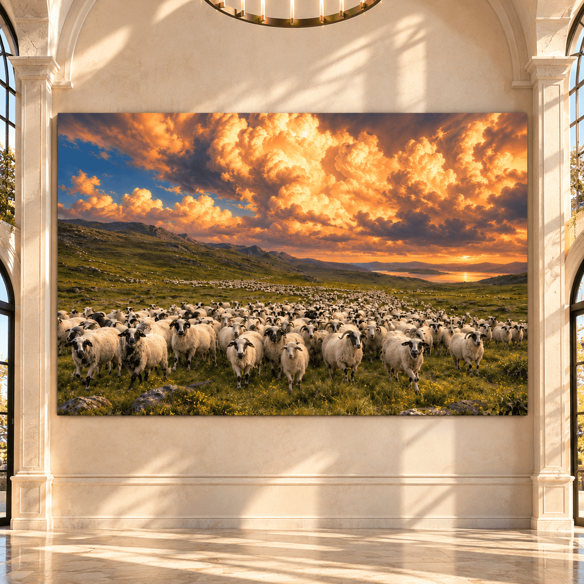 Sheep Herd Under Golden Sunset Clouds Wrapped Canvas Wall Art – Rustic Farm & Countryside Landscape - ART OF ROYALS