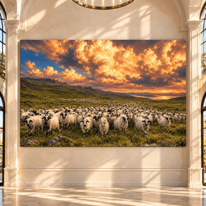 Sheep Herd Under Golden Sunset Clouds Wrapped Canvas Wall Art – Rustic Farm & Countryside Landscape - ART OF ROYALS