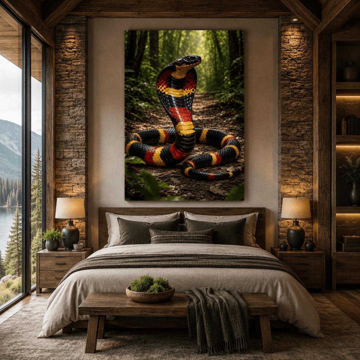 Colorful Cobra Snake Wrapped Canvas Wall Art – Red Yellow &amp; Black Jungle Serpent Print - ART OF ROYALS