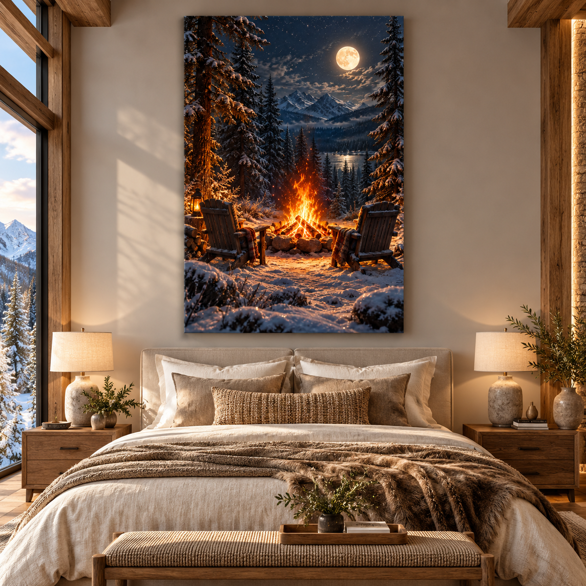 Winter Campfire Under Full Moon Wrapped Canvas Wall Art – Cozy Mountain Cabin Landscape Print
