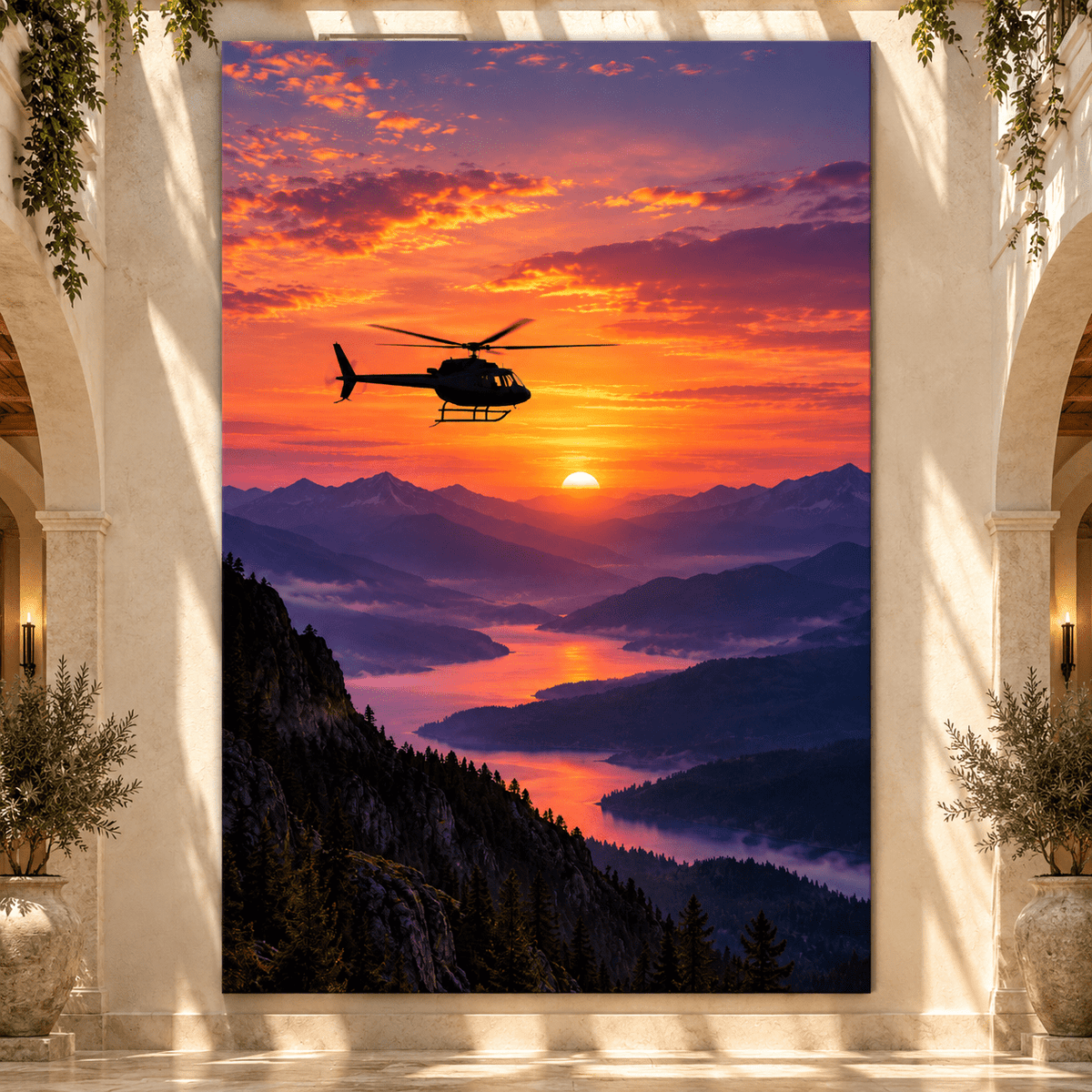 Helicopter Over Mountain Lake at Sunset Wrapped Canvas Wall Art – Dramatic Aviation Landscape Print - ART OF ROYALS