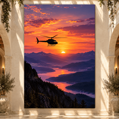 Helicopter Over Mountain Lake at Sunset Wrapped Canvas Wall Art – Dramatic Aviation Landscape Print - ART OF ROYALS