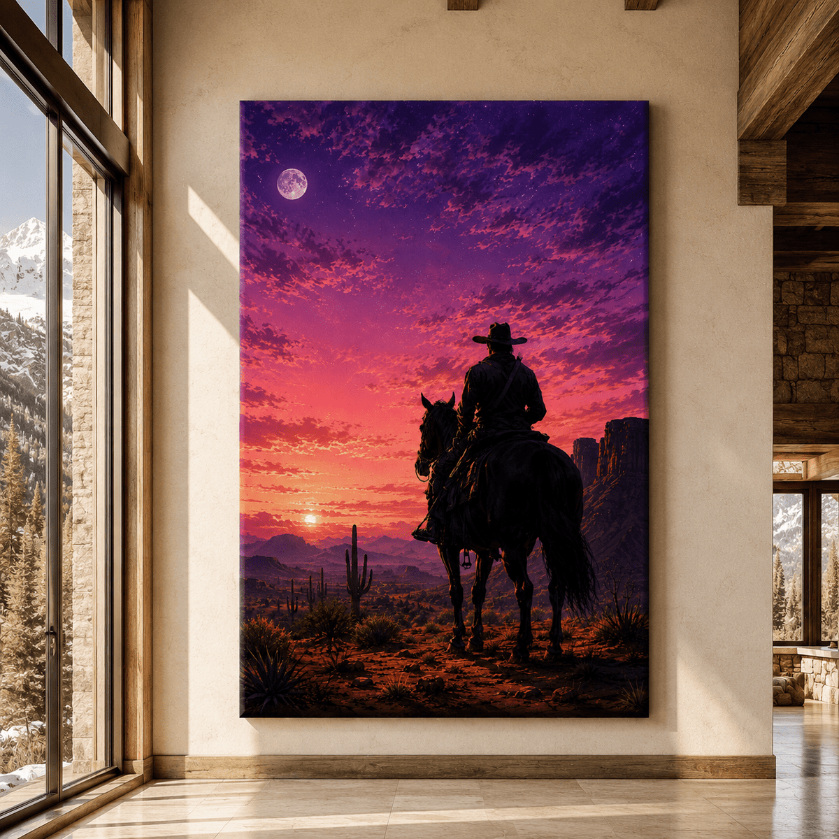 Cowboy Riding Horse at Purple Sunset Wrapped Canvas Wall Art – Western Desert Moon Landscape Print - ART OF ROYALS