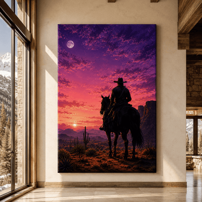 Cowboy Riding Horse at Purple Sunset Wrapped Canvas Wall Art – Western Desert Moon Landscape Print - ART OF ROYALS