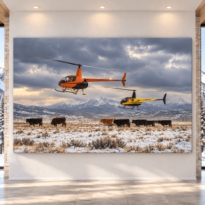 Two Helicopters Herding Cattle in Snowy Mountain Valley Wrapped Canvas Wall Art – Winter Ranch Aviation Print - ART OF ROYALS