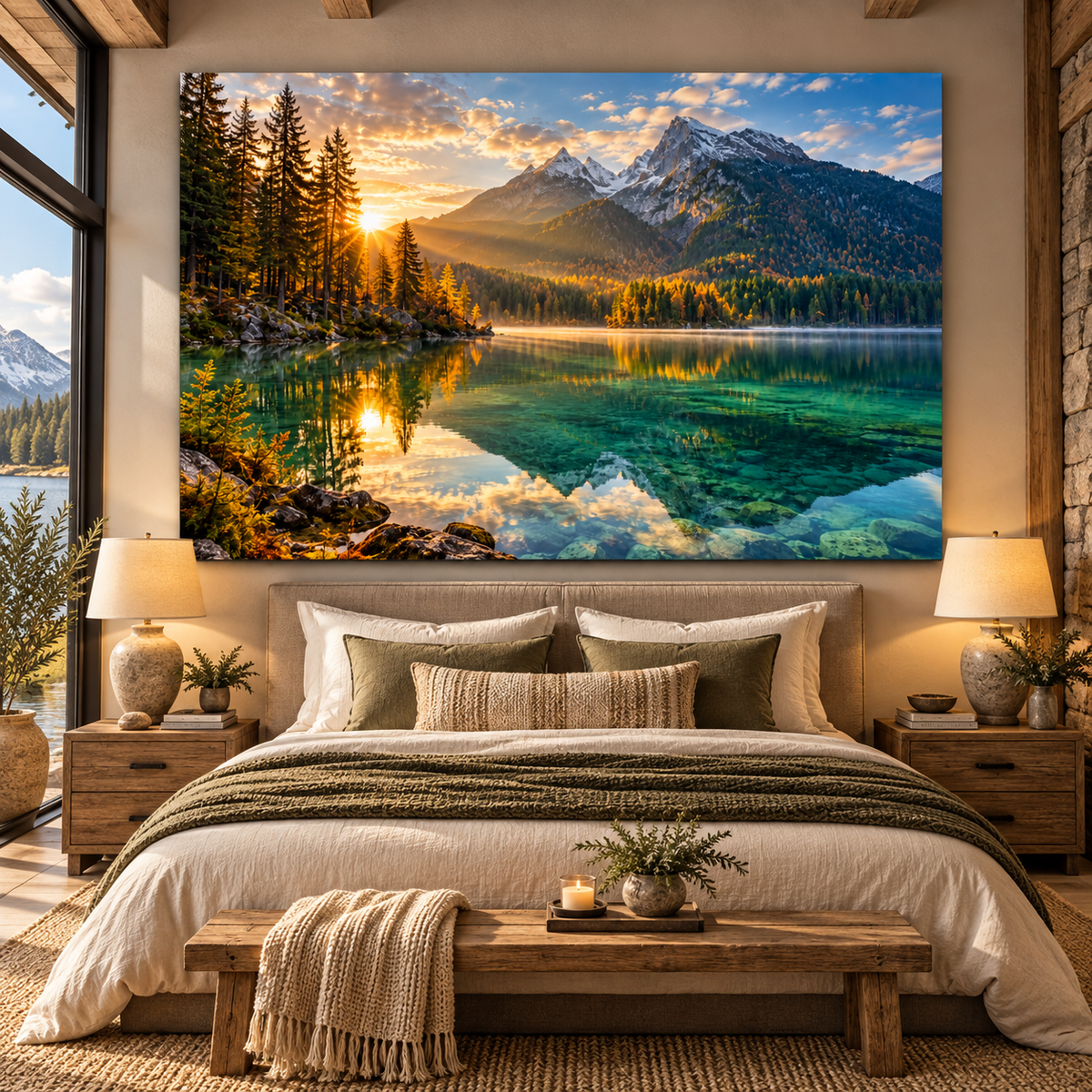 Crystal Clear Mountain Lake at Golden Sunrise Wrapped Canvas Wall Art – Alpine Forest Landscape Print
