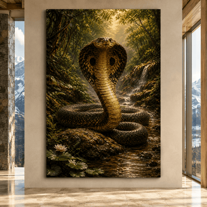 King Cobra in Jungle Stream Wrapped Canvas Wall Art – Mystical Exotic Wildlife Print - ART OF ROYALS