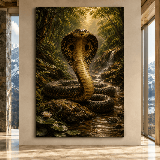 King Cobra in Jungle Stream Wrapped Canvas Wall Art – Mystical Exotic Wildlife Print - ART OF ROYALS