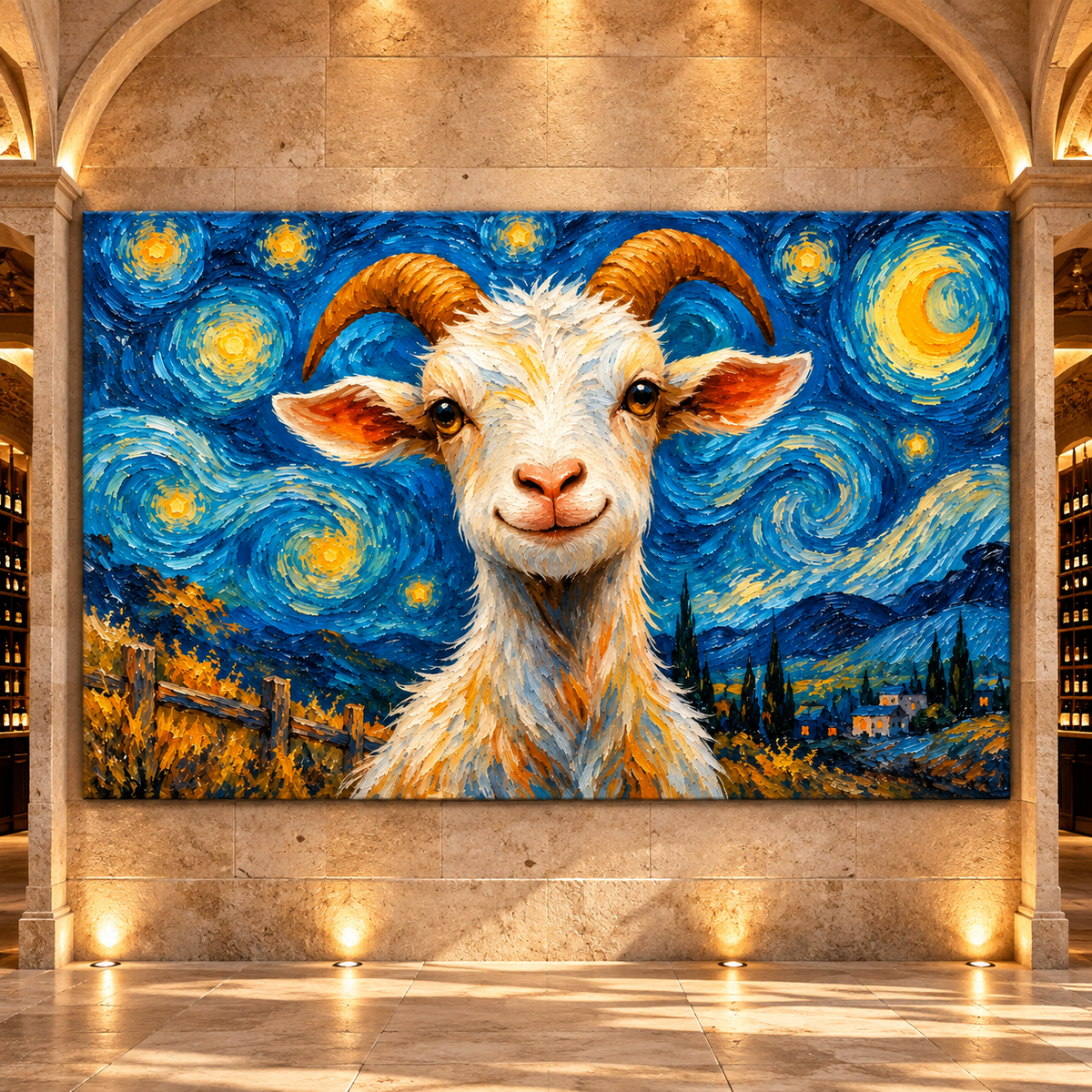 Whimsical Goat Under a Starry Night Wrapped Canvas Wall Art – Colorful Farm Animal Painting - ART OF ROYALS