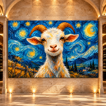 Whimsical Goat Under a Starry Night Wrapped Canvas Wall Art – Colorful Farm Animal Painting - ART OF ROYALS
