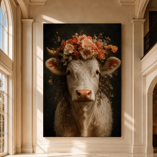 White Cow with Flower Crown Wrapped Canvas Wall Art – Floral Farmhouse Cattle Portrait Print - ART OF ROYALS