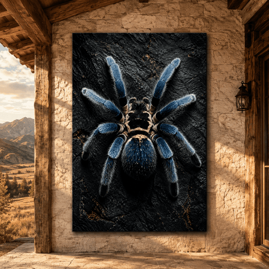 Blue Tarantula on Dark Rock Wrapped Canvas Wall Art – Exotic Spider Macro Wildlife Print - ART OF ROYALS
