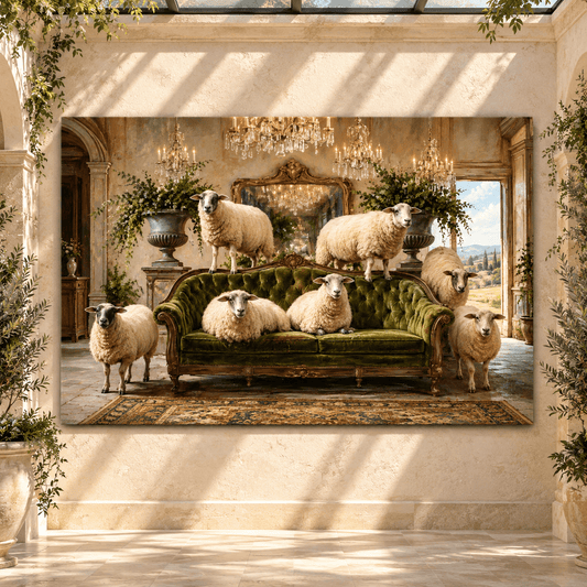 Sheep on Green Velvet Sofa Wrapped Canvas Wall Art – Funny Luxury Farmhouse Animal Painting - ART OF ROYALS