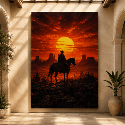 Cowboy at Red Sunset Wrapped Canvas Wall Art – Western Desert Horse Monument Valley Print - ART OF ROYALS