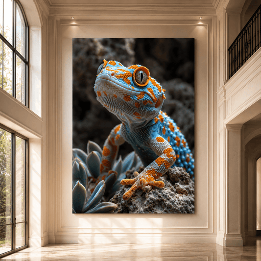 Blue and Orange Gecko Wrapped Canvas Wall Art – Colorful Reptile Close-Up Nature Print - ART OF ROYALS