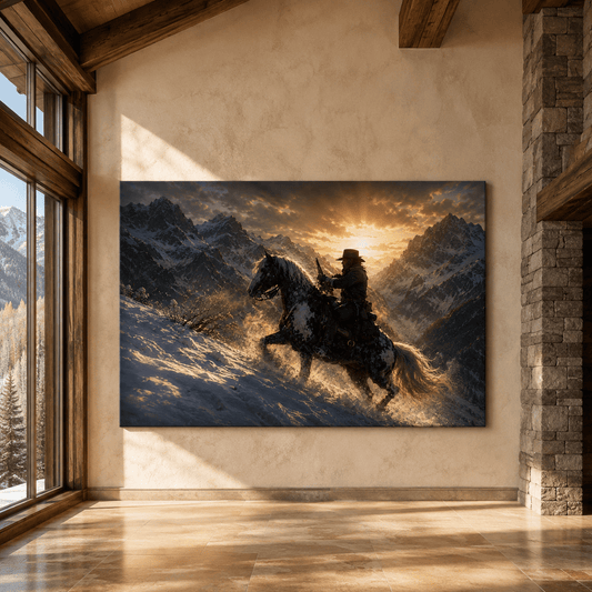 Cowboy Riding Through Snowy Mountains Wrapped Canvas Wall Art – Winter Western Horse Adventure Print - ART OF ROYALS