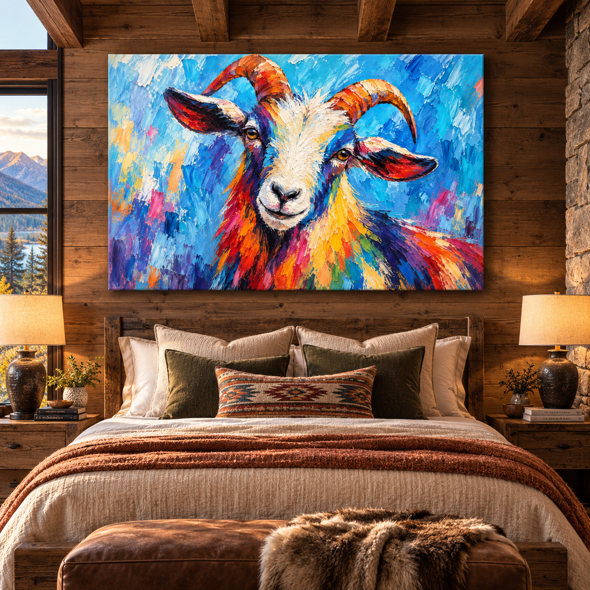 Colorful Goat Portrait Wrapped Canvas Wall Art – Vibrant Farm Animal Painting - ART OF ROYALS