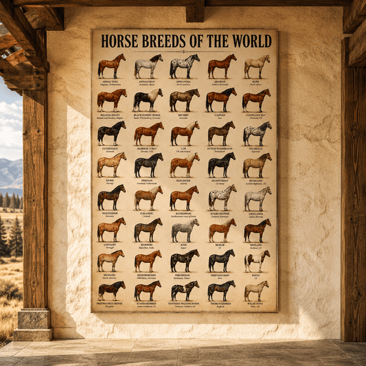 Horse Breeds of the World Wrapped Canvas Wall Art – Vintage Equestrian Breed Chart Print - ART OF ROYALS