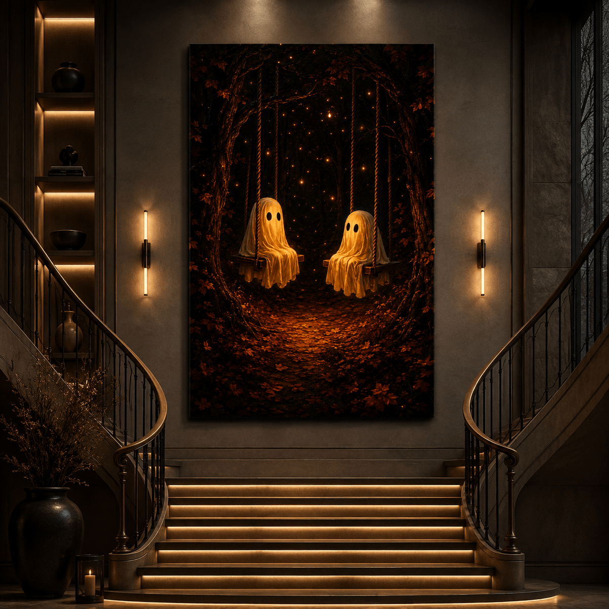Two Ghosts on Swings Wrapped Canvas Wall Art – Enchanted Halloween Forest Print - ART OF ROYALS