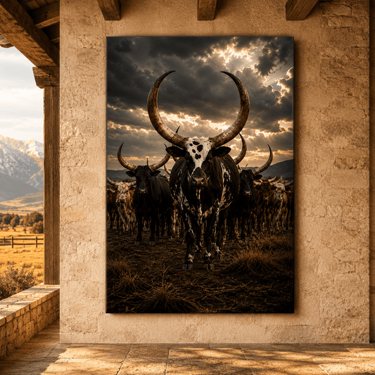 Longhorn Cattle Herd Wrapped Canvas Wall Art – Dramatic Western Ranch Bull Print - ART OF ROYALS
