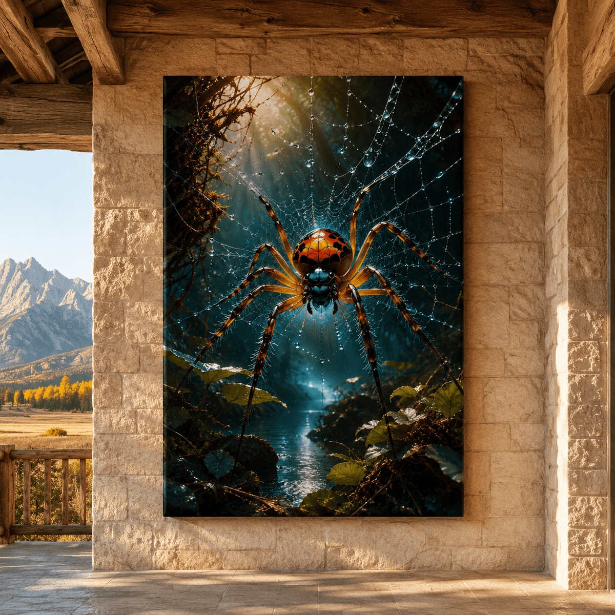 Orange Spider Web Wrapped Canvas Wall Art – Dramatic Rainforest Arachnid Nature Print - ART OF ROYALS