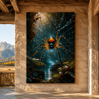 Orange Spider Web Wrapped Canvas Wall Art – Dramatic Rainforest Arachnid Nature Print - ART OF ROYALS