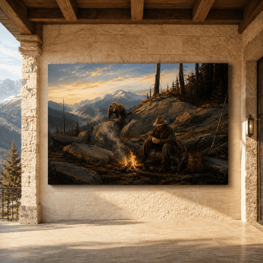 Hunter at Campfire with Grizzly Bear Wrapped Canvas Wall Art – Mountain Wilderness Hunting Print - ART OF ROYALS