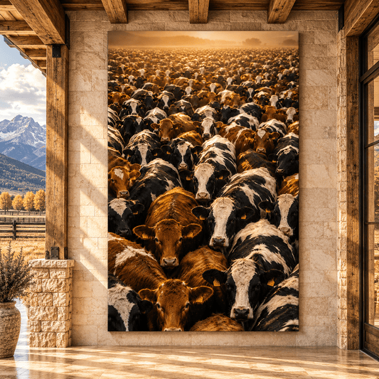 Massive Cattle Herd at Golden Sunset Wrapped Canvas Wall Art – Ranch Cow & Bull Western Print - ART OF ROYALS