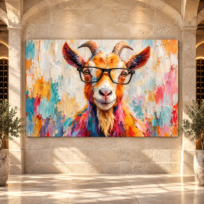 Funny Goat With Glasses Wrapped Canvas Wall Art – Colorful Farm Animal Portrait
