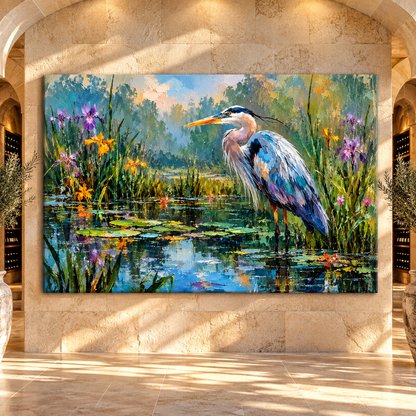 Great Blue Heron in Wildflower Marsh Wrapped Canvas Wall Art – Painterly Wetland Bird Landscape Print