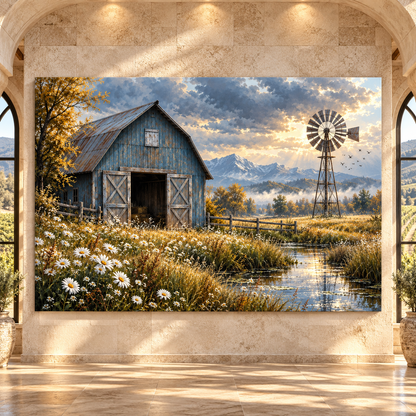 Blue Barn & Windmill Wildflower Meadow Wrapped Canvas Wall Art – Rustic Farmhouse Mountain Landscape