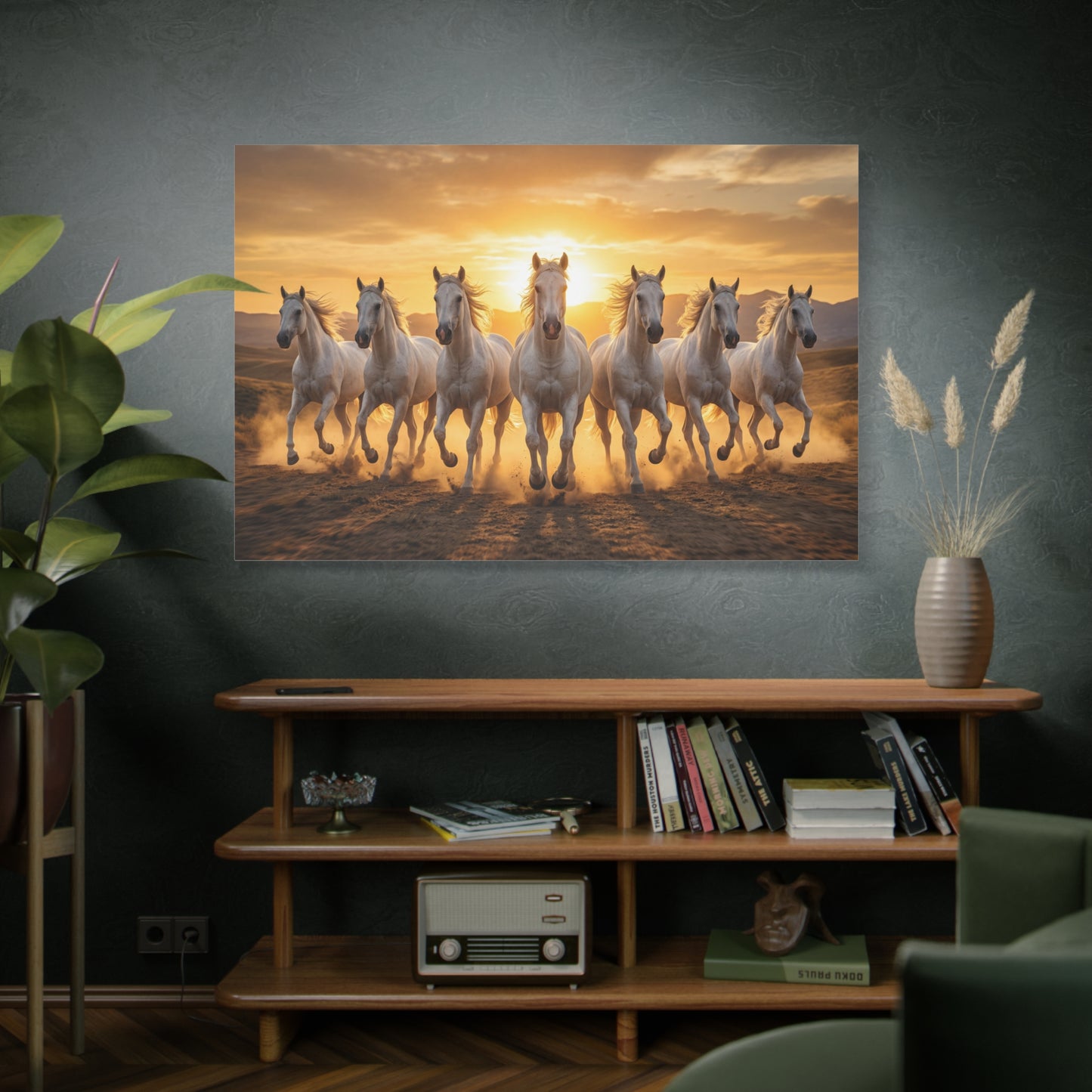 Seven White Horses at Sunset – Majestic Power & Freedom Canvas Wall Art