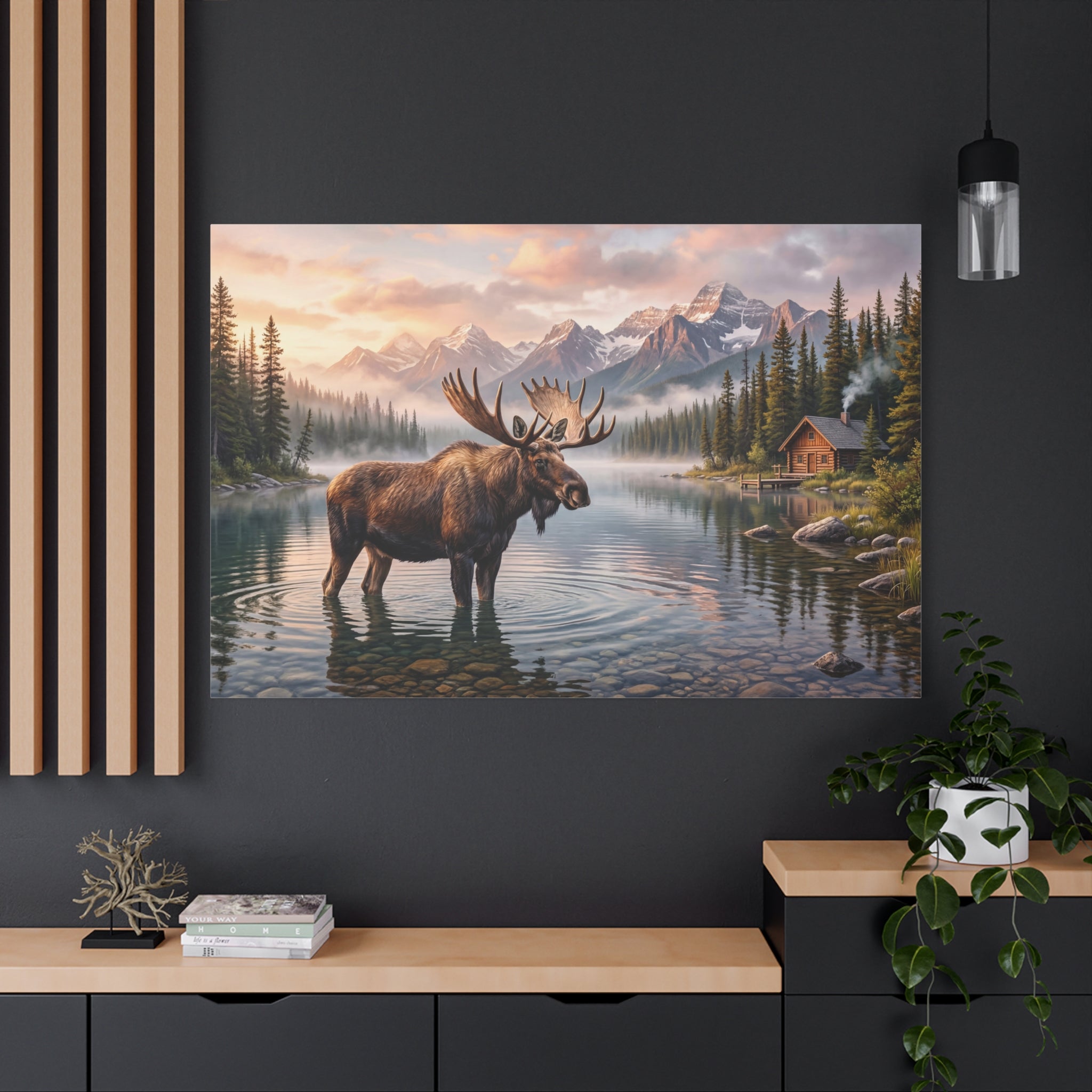 Moose canvas wall art beside a mountain lake for rustic cabin decor