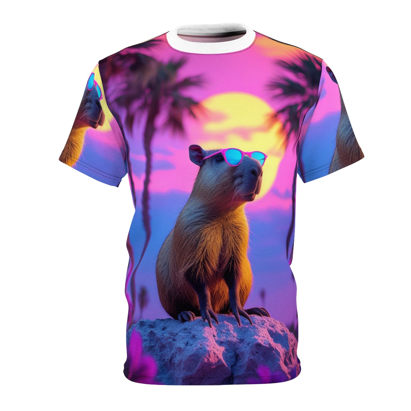 Capybara Sunsets – Retro Neon T-Shirt