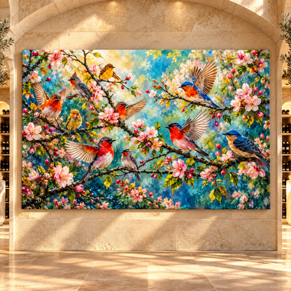 Colorful Songbirds on Pink Blossoming Branches Wrapped Canvas Wall Art – Spring Bird & Floral Nature Print