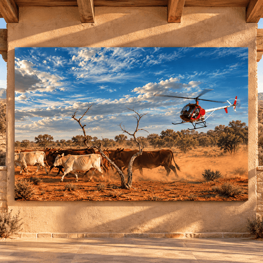 Helicopter Cattle Mustering Wrapped Canvas Wall Art – Australian Ranch Herding Landscape Print - ART OF ROYALS