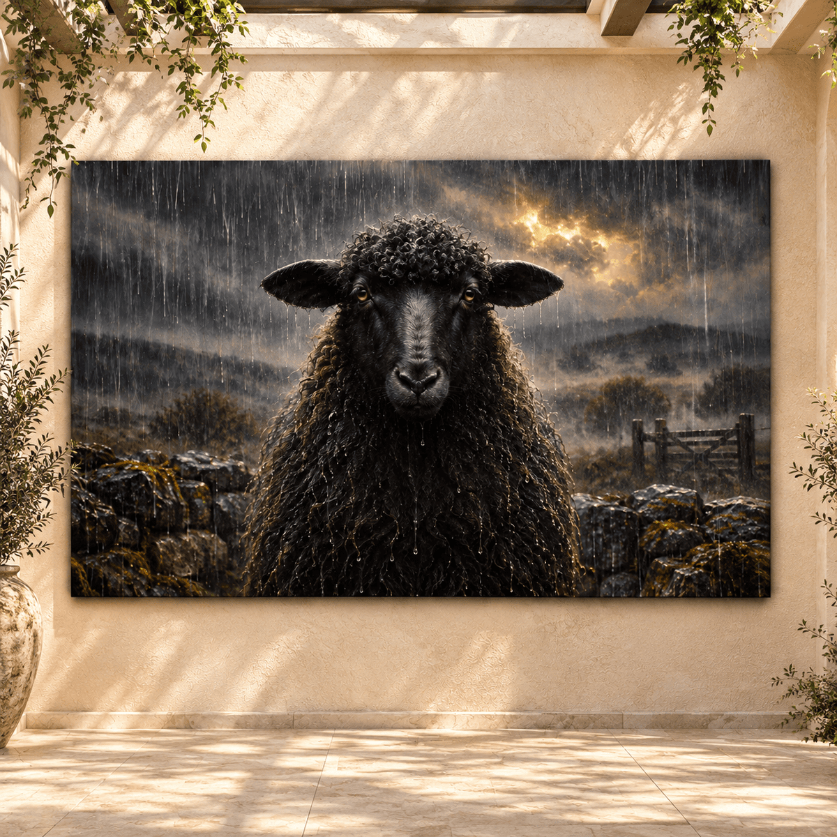 Black Sheep in the Rain Wrapped Canvas Wall Art – Moody Farmhouse Sheep Portrait - ART OF ROYALS