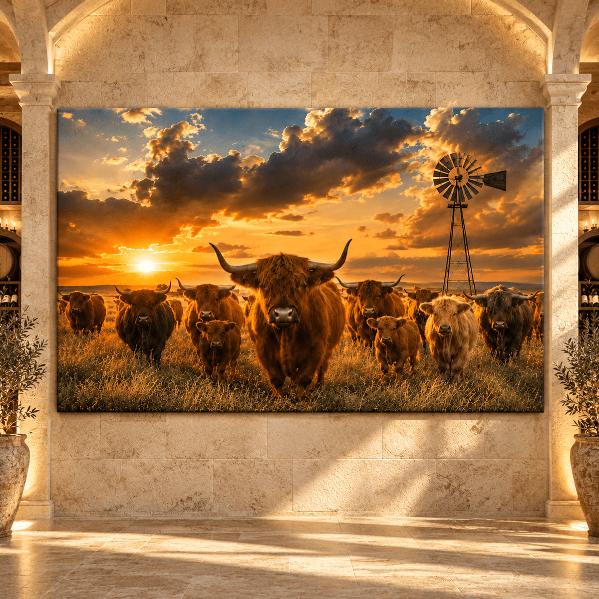 Highland Cattle Herd at Sunset Wrapped Canvas Wall Art – Rustic Western Ranch Landscape - ART OF ROYALS