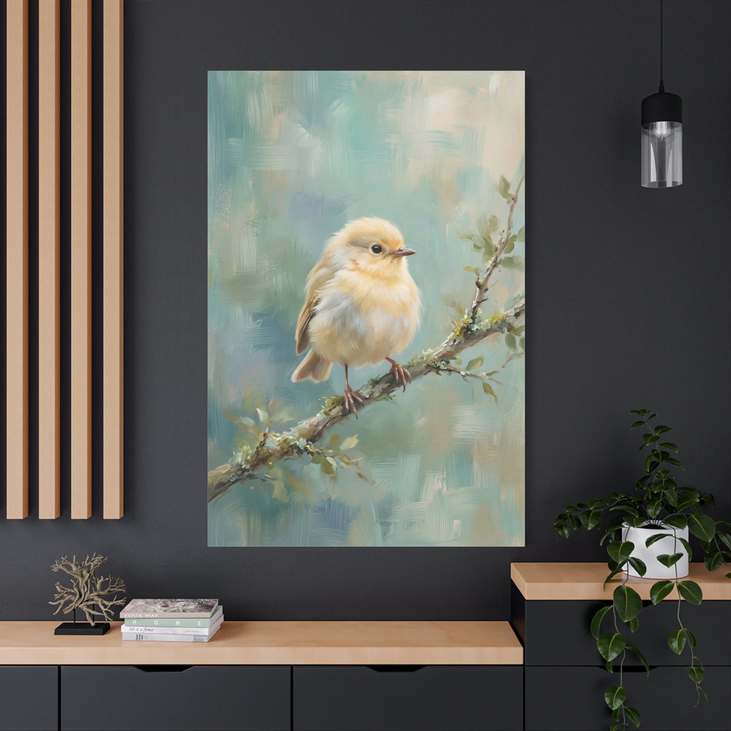 Soft Serenity – Fluffy Baby Bird on Branch Canvas Wall Art